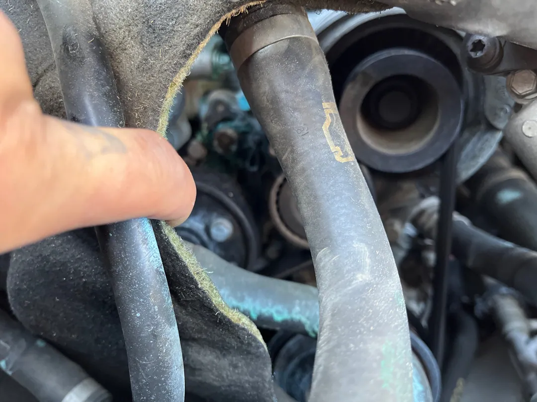 Checking a coolant hose by hand on a BMW in Moreno Valley in Moreno Valley, CA