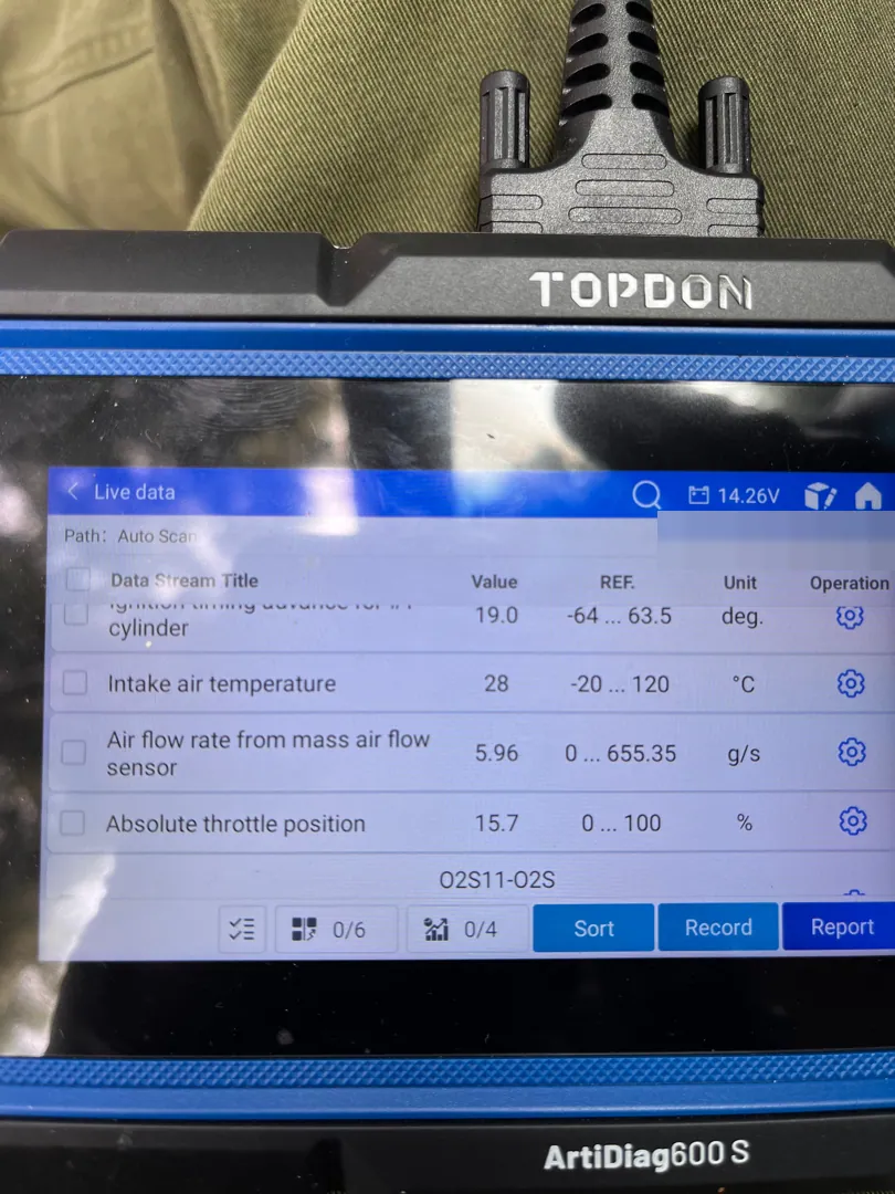 Live data on the scan tool, intake air temp, mass air flow, throttle position, read while the engine runs in Riverside, CA