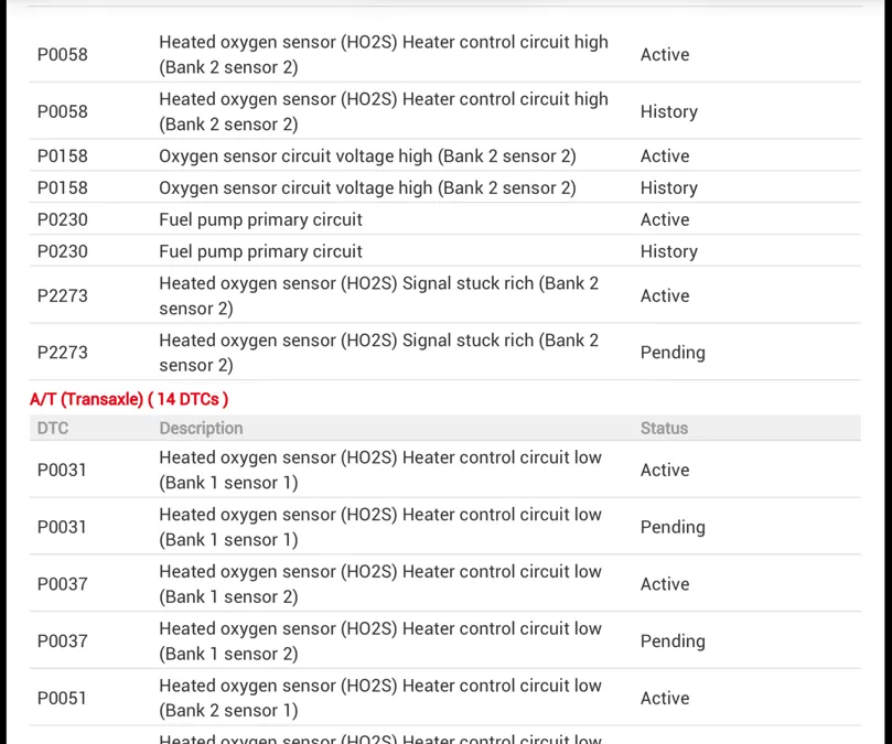 Oxygen sensor and fuel pump codes on a 2009 Sonata, split into active, history and pending in Riverside, CA